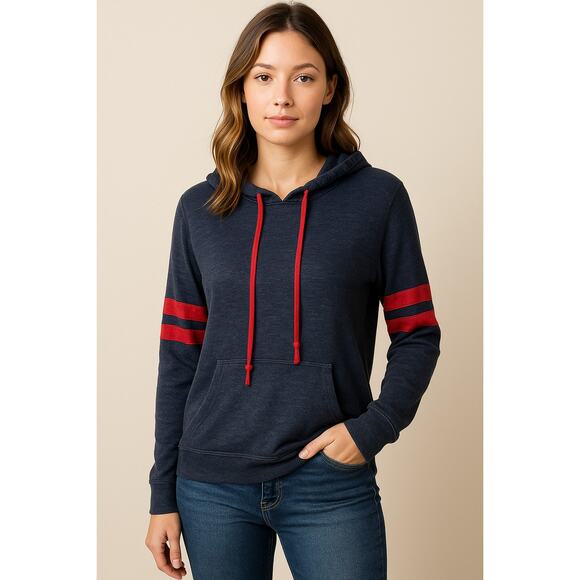 Casual Sporty Navy Red Stripe Hoodie Derek Heart Medium - Picture 1 of 8